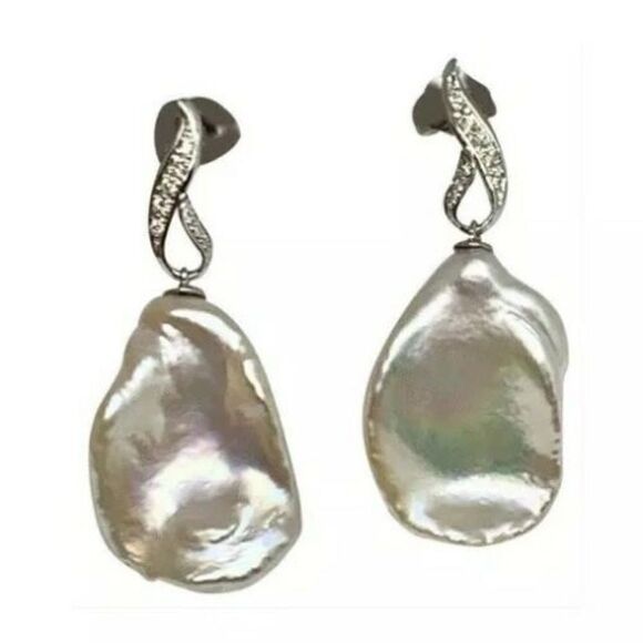 Diamond Large Fresh Water Pearl Earrings Baroque 14k Gold Certified $1950 914369 - Picture 6 of 9